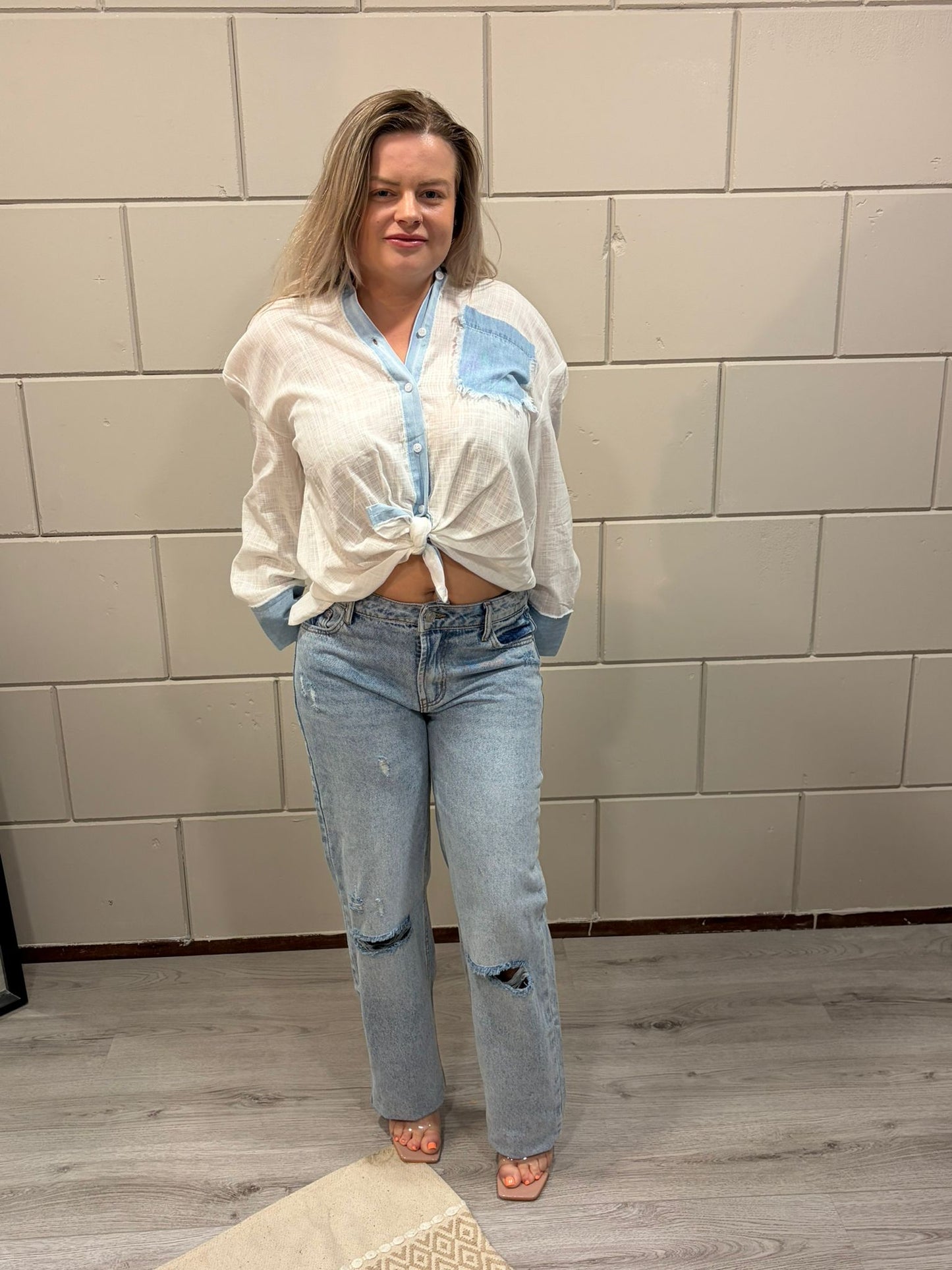 Blouse met kantdetail en lichtblauwe accenten S women